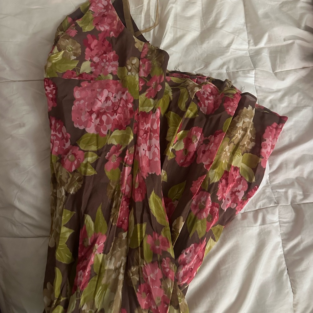 Floral green brown and pink flowy maxi dress